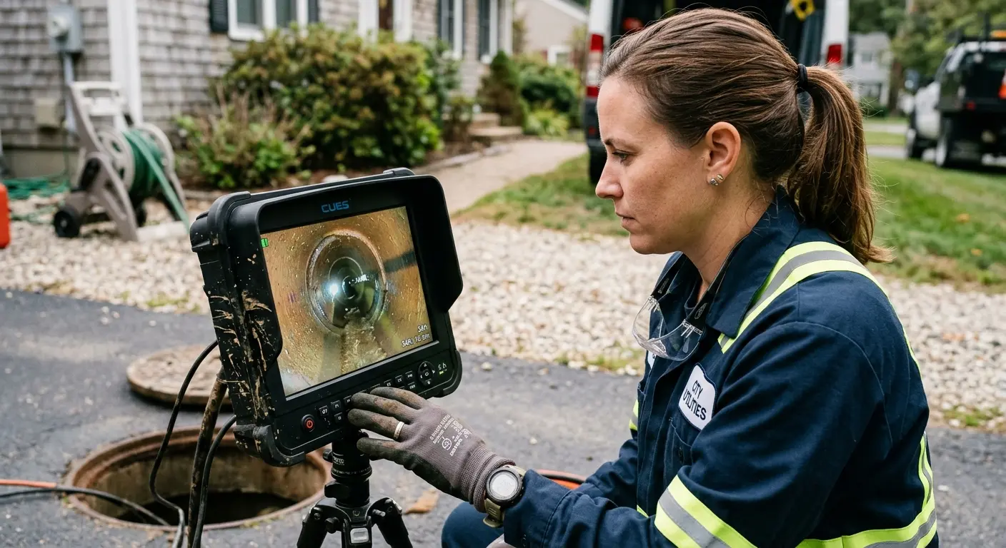 Technician reviewing sewer camera inspection footage in Elmwood