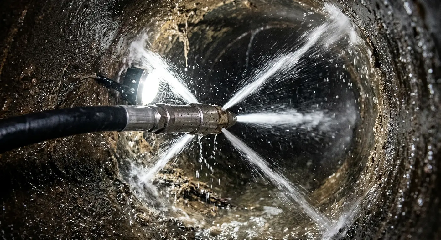 High-pressure hydro jetting nozzle cleaning sewer pipe for Emergency Drain Service in Elmwood