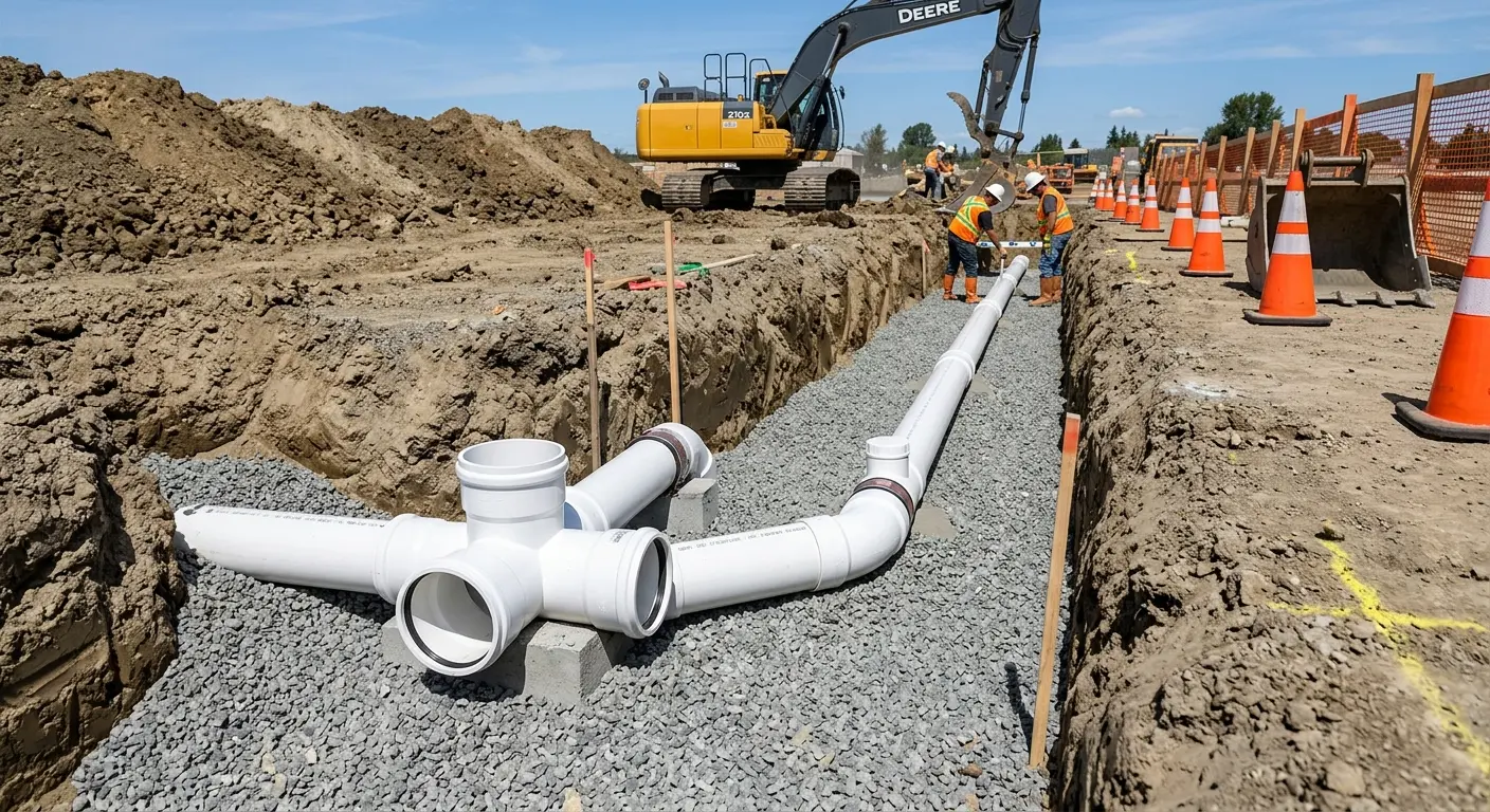 New PVC sewer pipe installation in open trench for Commercial Drain Cleaning in Elmwood