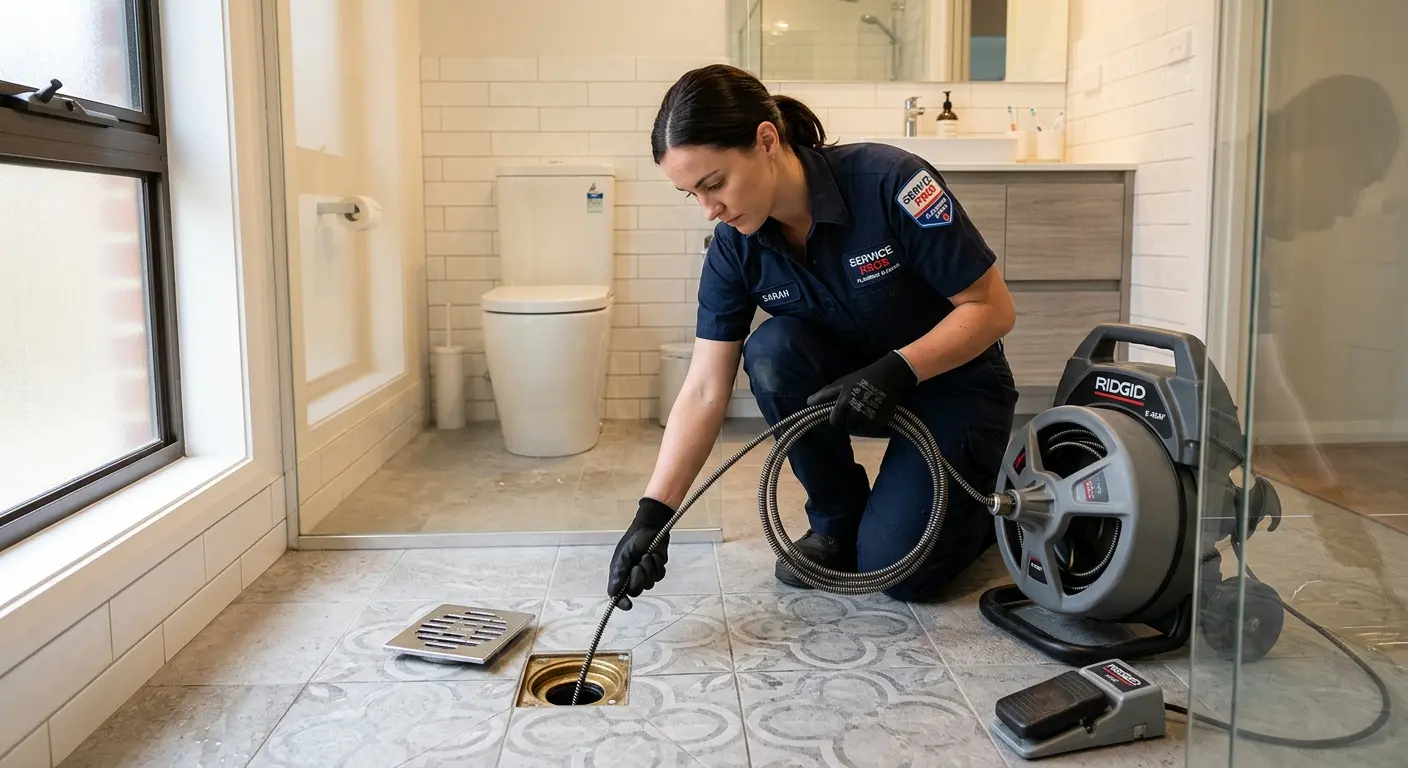 Technician clearing a bathroom floor drain for Sewer Line Replacement in Elmwood